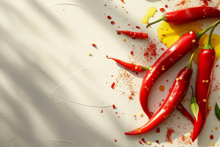 Red hot chili peppers on white background with copy space, top viewの素材