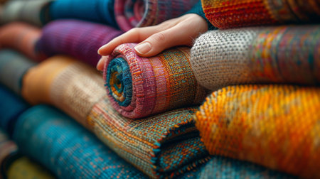 Close up of hand of a young woman holding colorful woven fabric.の素材