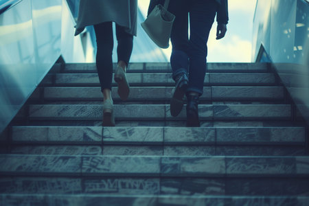 Low angle view of two young women walking down the stairs in shopping mallの素材