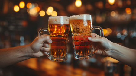Close-up of male and female hands clinking glasses with beerの素材