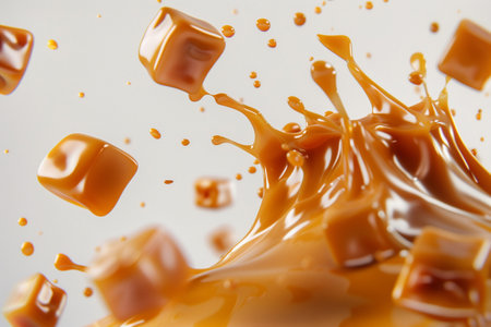close up of caramel sauce splashing on white background with copy spaceの素材