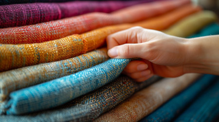 Close-up of a woman's hand picking up colorful fabric in a textile shopの素材