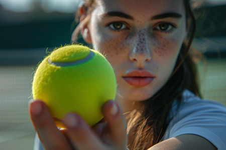 Close-up portrait of a beautiful girl with a tennis ball on a tennis courtの素材