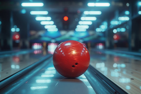 Bowling ball in bowling alley at night. 3d rendering.の素材
