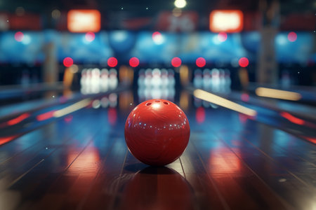 Bowling ball on the bowling alley with bokeh background.の素材