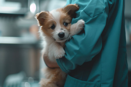 Cute Welsh Corgi puppy in the hands of a veterinarianの素材