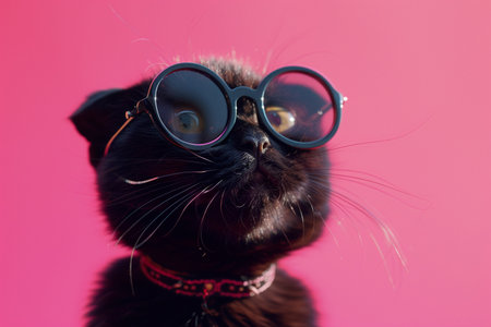 Funny black cat with glasses on a pink background. Close-up.の素材