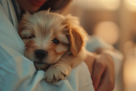 Cute little puppy in the hands of a girl on a sunny dayの素材