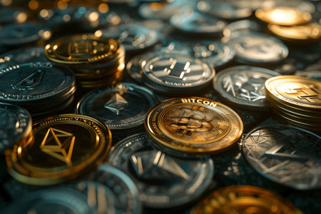 Close-up of cryptocurrency coins. Cryptocurrency concept. 3D Renderingの素材