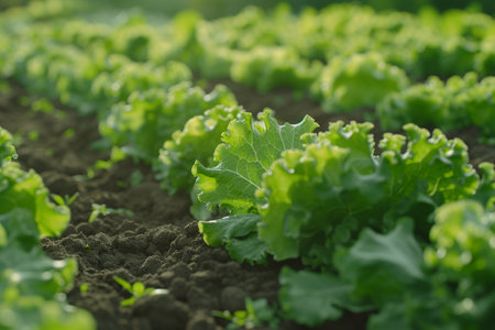 Lettuce growing in the field. Close up of fresh green lettuce leaves.の素材