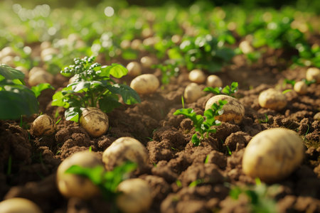Potatoes growing in the field. Growing potatoes. Selective focus.の素材
