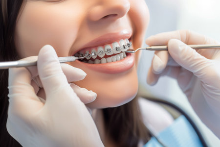 Close-up of a young woman having her teeth examined by a dentistの素材