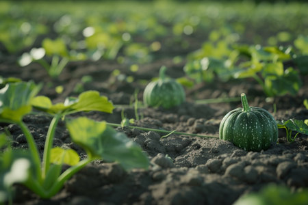 Green pumpkins growing on the field. Selective focus with shallow depth of field.の素材