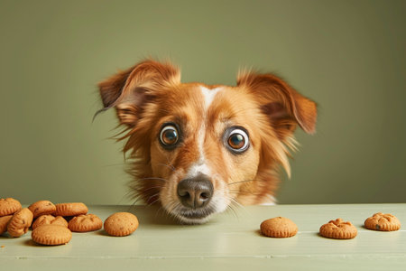 Cute dog with cookies on color background. Chocolate chip cookies.の素材