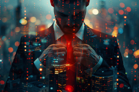 Double exposure of businessman in the city with double exposure of red light.の素材