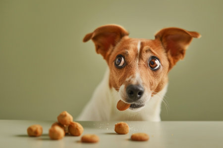 Dog with bowl of dog food on color background, closeup viewの素材