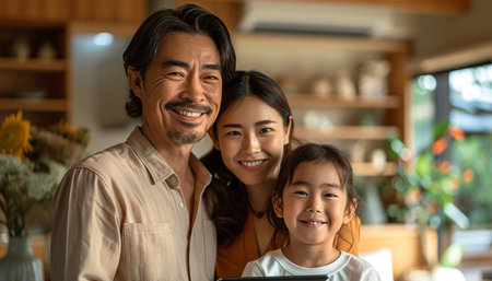 Happy asian family looking at camera and smiling while spending time together at homeの素材