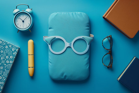 Flat lay composition with glasses, books and alarm clock on blue backgroundの素材