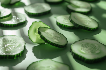 Cucumber slices on a white background. Close-up.の素材