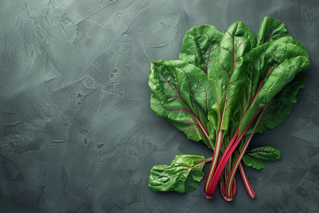 Fresh chard leaves on gray background, top view. Space for textの素材