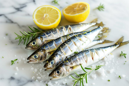 Fresh sardines with lemon and rosemary on a marble backgroundの素材