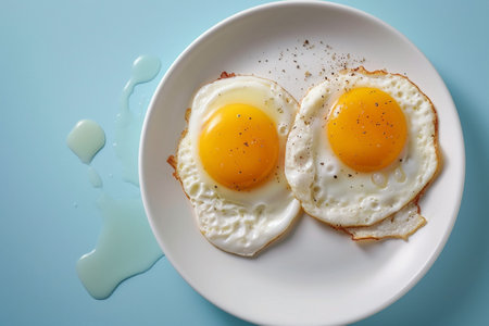 Fried eggs on a white plate on a blue background, top viewの素材