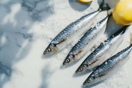 Fresh sardines on white marble background. Top view, copy spaceの素材