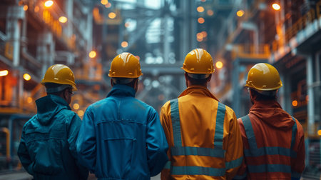 Back view of workers in hardhats standing in warehouse, rear viewの素材