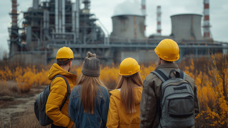 Group of young female workers in yellow hardhats standing back to back and looking at oil refineryの素材