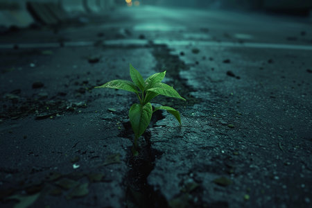 Green sprout growing from crack in asphalt road. Environment concept.の素材