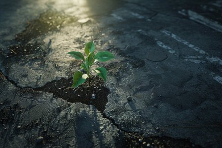 Green sprout growing from crack in asphalt road. Ecology concept.の素材