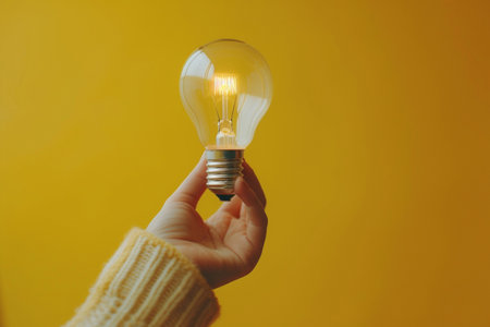 Hand holding a light bulb on a yellow background. Concept of idea, innovation, new ideas.の素材