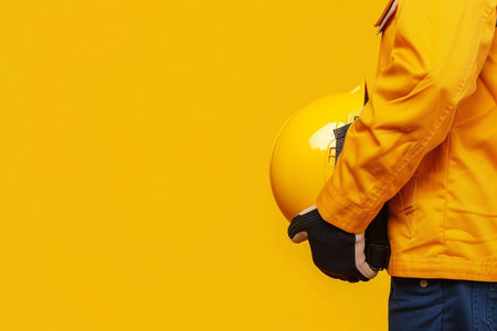 Close-up of a construction worker holding a yellow helmet on a yellow backgroundの素材