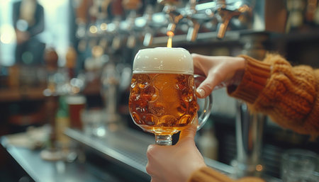 Female barista pouring beer into glass at counter in pub, closeupの素材