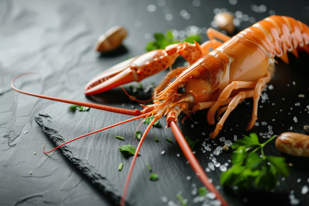 boiled crayfish with parsley on a black stone backgroundの素材