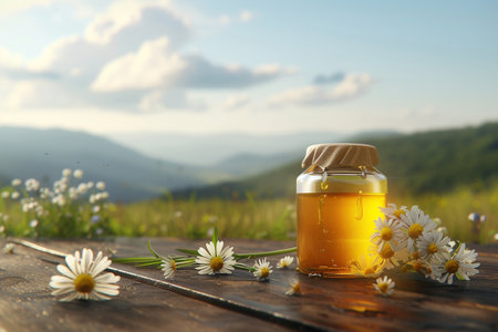 Jar of honey and chamomile flowers on wooden table outdoorsの素材