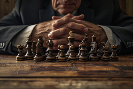 Businessman playing chess. Close up of chess pieces on a wooden table.の素材