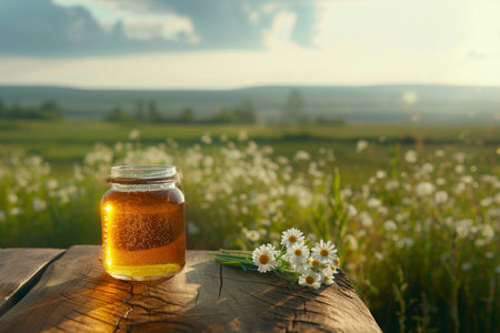 Jar of honey with camomile flowers on wooden table in summer fieldの素材