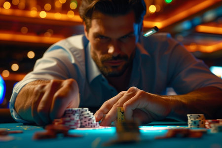 Handsome young man playing poker at the casino. Gambling and casino concept.の素材