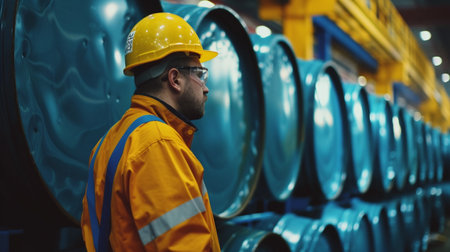 Worker in uniform and hard hat checking the quality of the barrels.の素材