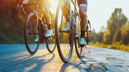 Cyclists riding on road at sunset. Healthy lifestyle and sport concept.の素材