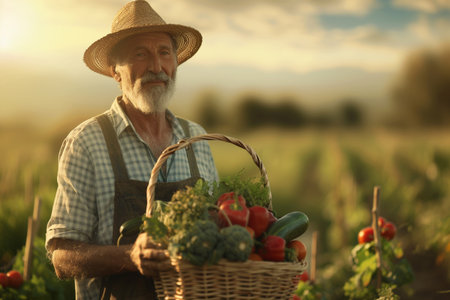 Portrait of senior man holding basket with fresh vegetables on the fieldの素材
