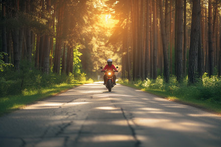Motorcyclist riding on the road in the forest at sunset.の素材