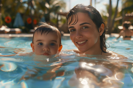 Portrait of a happy mother and her baby in swimming pool.の素材