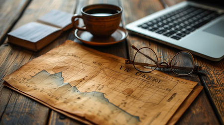 Old map, cup of coffee, laptop and glasses on wooden tableの素材