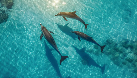 Dolphins swimming in the blue water of a tropical lagoon.の素材