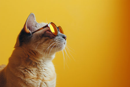 Portrait of a cat wearing orange sunglasses on a yellow background.の素材