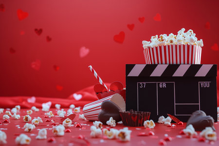 Movie clapper board with popcorn and hearts on red background. Valentine's day concept.の素材