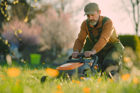 Gardener mowing the grass with a gasoline lawnmowerの素材