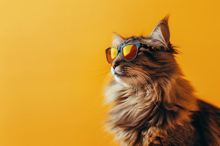 Cute siberian cat in orange sunglasses on yellow background.の素材
